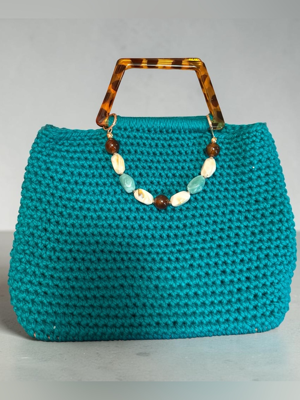 Crochet Handbag with Tortoiseshell Handle and Bead Accent -  Teal